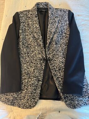 Tahari Black and White Tweed-Front Blazer with Black Sleeves, Chic Frog Closure